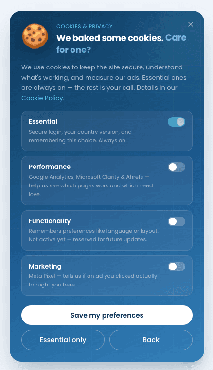 Manage preferences panel with toggles for Essential, Performance, Functionality, and Marketing cookies