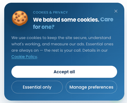 Cookie consent banner with Accept all, Essential only, and Manage preferences options