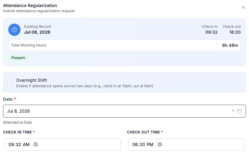 Regularize attendance and apply overtime rules automatically