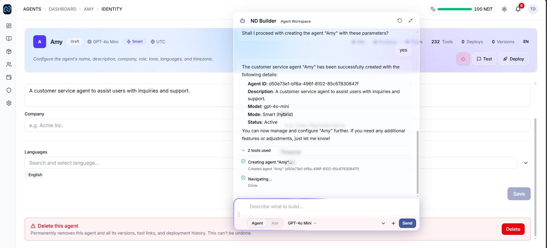 Building an agent in Agents Studio by describing it
